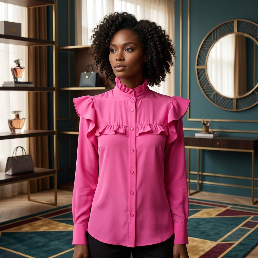 SSYS The Label Womens Top XS Hot Pink Ruffle Yoke Button Down Long Sleeve Blouse